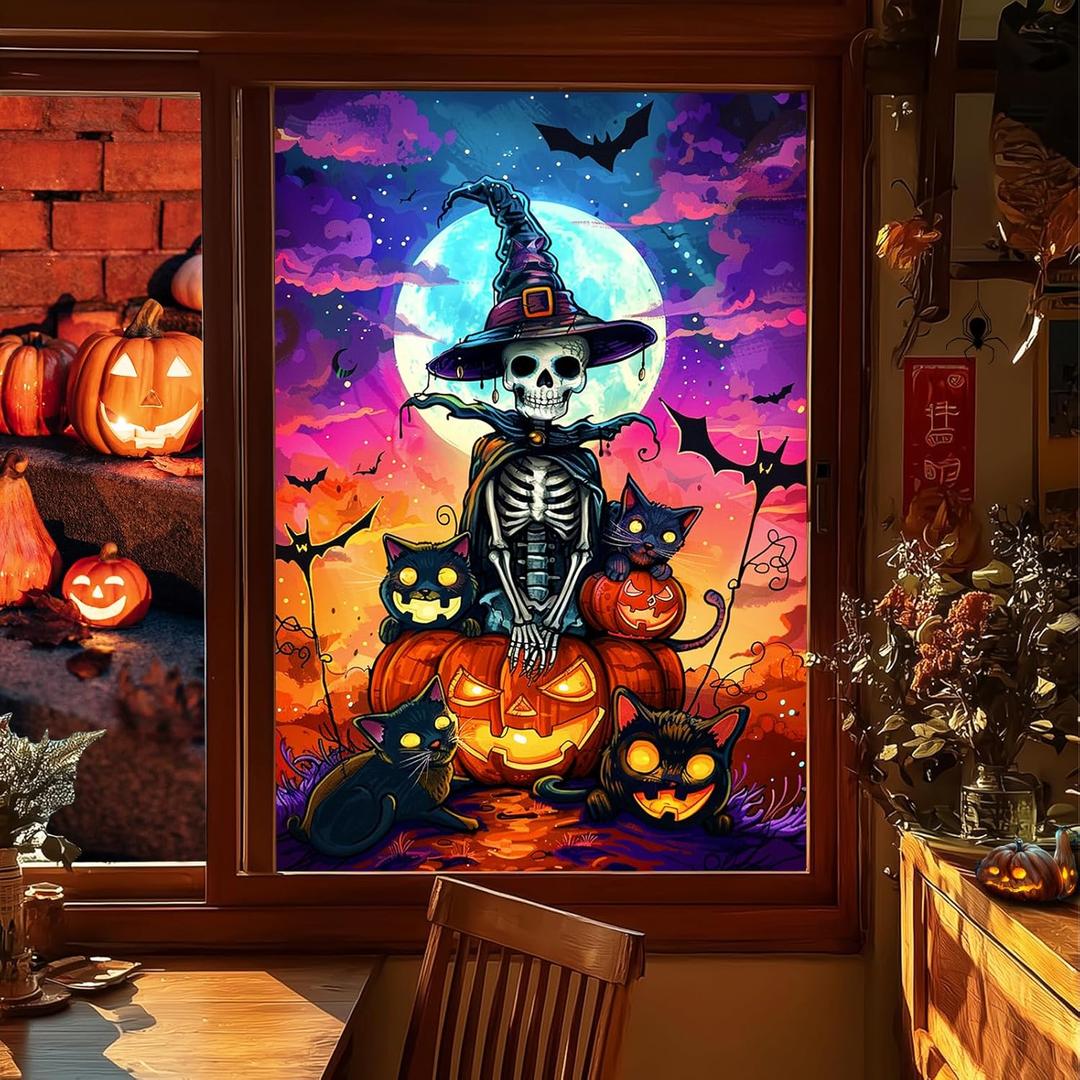 HOMETITUTE Halloween Window Film 31x47 Inch Cat Skeleton Privacy Pumpkin Lantern Scene Spooky Window Film for Halloween Decor with Witch Hat Bats Moon Black Cats Scary Party Decoration