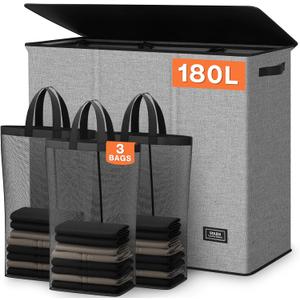 SOLEDI 180L Laundry Hamper 3 Section, Extra Large Laundry Hamper with Lid, Dirty Clothes Hamper with Sturdy Handle, Large Laundry Basket Organizer for Laundry Room, Bedroom, Hampers for Laundry (Grey)