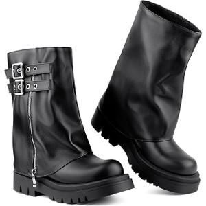 AlureAbys Women's Mid Calf Boots Fold Over Buckle Moto Biker Boots for Women Platform Chunky Low Heel Round Toe Boots Wide Calf Cowboy Riding Motorcycle Boot, Size 37, Right