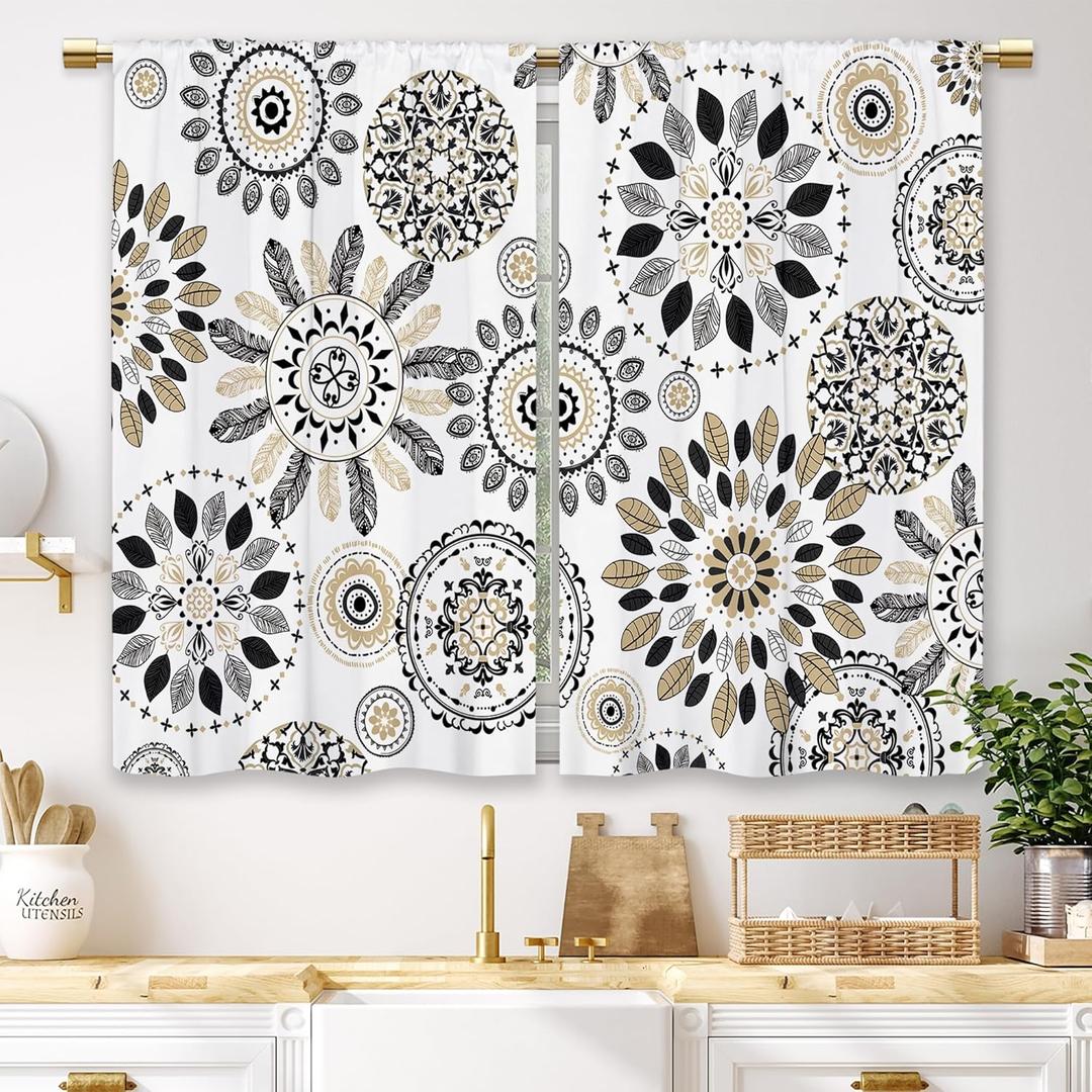 Boho Black White Mandala Floral Kitchen Curtains Modern Flower Small Short Cafe Window Curtains Indian Bohemian Rod Pocket Bathroom Drapes Treatment Tier Curtains 2 Panels (27.5x39 Inch)