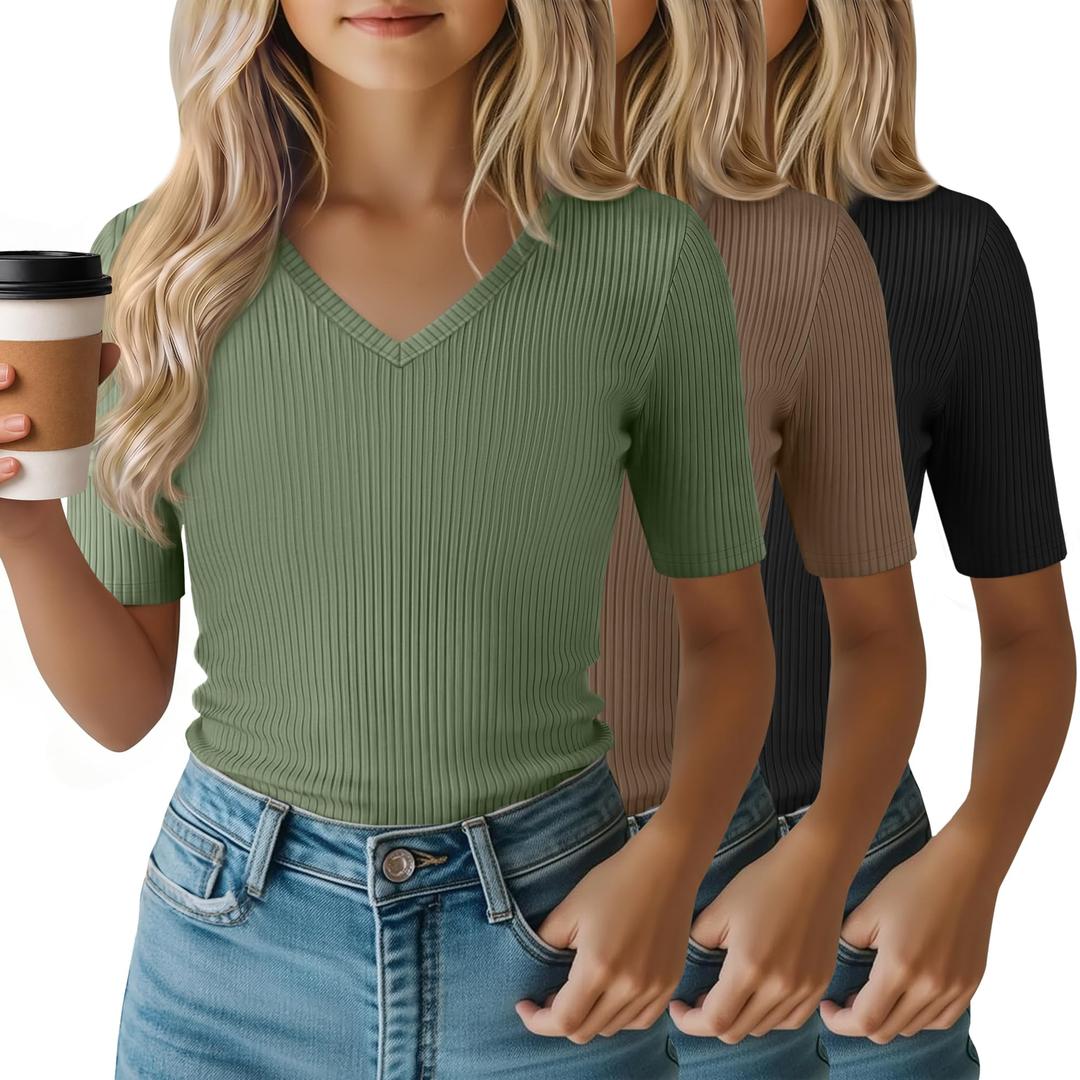 LessonZoo 3 Pack Girls Short Sleeve Slim Shirts, 3-Color Set, 7-8 Years