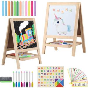 Tabletop Wooden Art Painting Easel for Kids 2-4, Chalkboard & Double-Sided Drawing Whiteboard for Toddlers, 4-in-1 Desk Easel with Magnetic Letters/Numbers & Flashcards Markers, Eraser