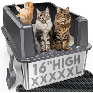 XXXXX+L Stainless Steel Cat Litter Box with Lid, 28" L x 20" W x 16" H Metal Litter Box with Hight Sides for Big Cats & Multiple Cats, Never Absorbs Odors, Anti-Urine Leakage, Easy Cleaning (Gray)