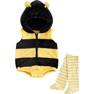 Newborn Baby Halloween Costumes Bee Costume Zipper Hooded Sleeveless Romper Stockings Infant Halloween Costumes (0-6 Months)