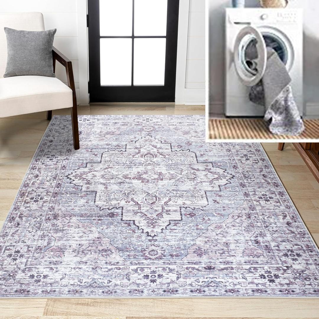 JONATHAN Y Machine Washable Gray/Purple Indoor Area Rug 4X6 ft, Didim Boho Medallion for Living Room, Bedroom, Kitchen, Office, Easy-Cleaning, High Traffic, Pet-Friendly, Non-Shedding (WSH102A-4)