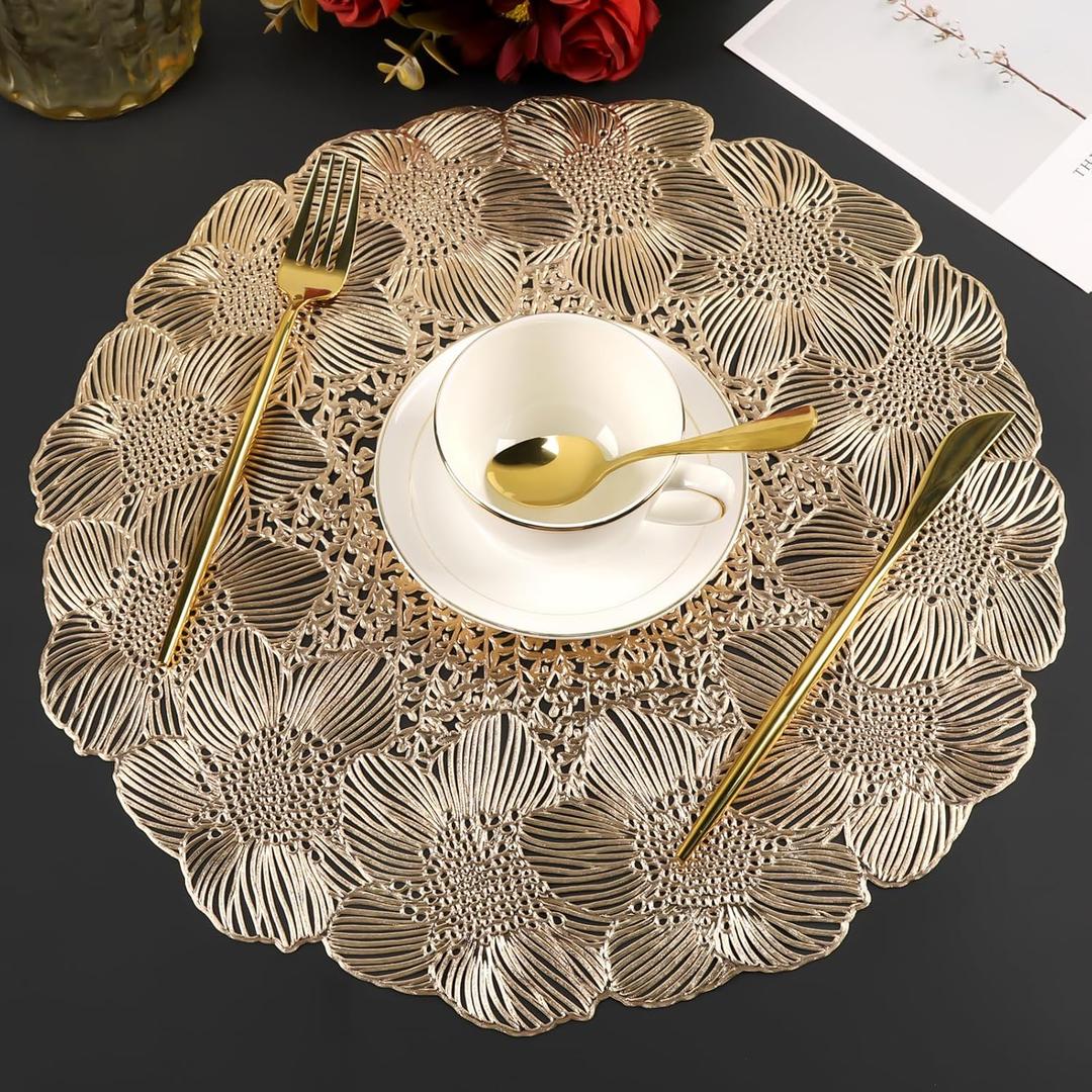 Gold Round Placemats for Dining Table Set of 6 Pressed Vinyl Metallic Place Mats Table Mats for Wedding Anniversary Party Decorations (Floral Sea Gold)