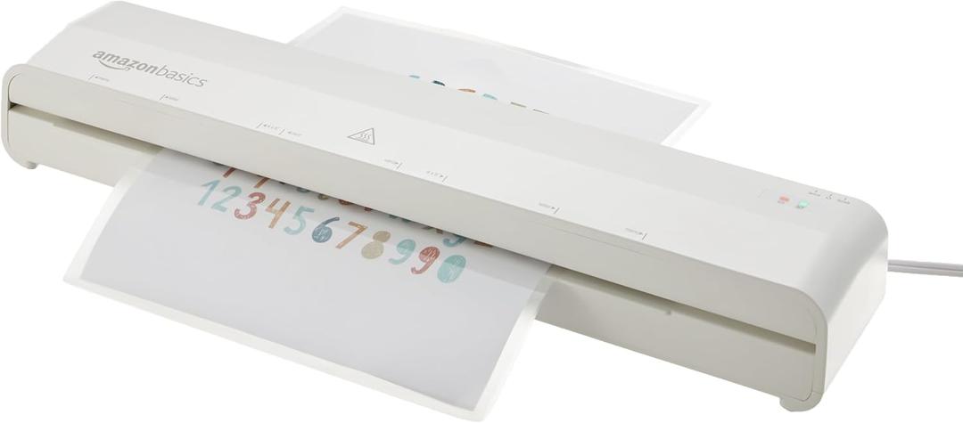 Amazon Basics 12-Inch Thermal Laminator Machine, 1 Min Fast Warm-Up, for Documents Photos, Home/Office/School Use, 20 Pouches Included, White