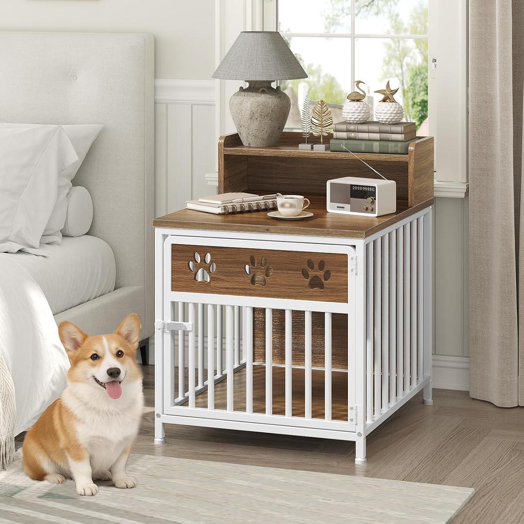 YATINEY Dog Crate Furniture for Small Dogs, Wooden Dog Kennel, Indoor Pet Crate End Table, Two-Tier Small Pet Crate, for Living Room, Bedroom, White and Walnut DC01WH, 19.7" x 22.6" x 25.6"