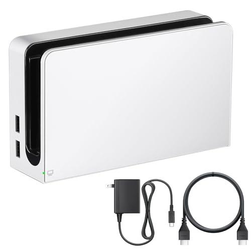 TV Dock Station with Ethernet LAN Port - 3 in 1 Replacement Switch and OLED TV Base Docking Set with Upgraded IC Module, Charger, HDMI Cable Accessories - Not for Switch 2 (White)