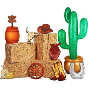 14 Pcs Western Cowboy Party Decorations Hay Bales Straw Boxes Cactus Inflatable Cowgirl Card Hat Horseshoe for Western Birthday Theme Party (Classic, Earthy Yellow)