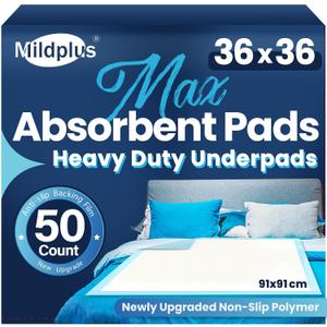 MILDPLUS Heavy Duty Underpad 36''x36'' 50 Count 125 Grams Extra Large Chucks Pads 3XL Disposable Bed Pads, Super Absorbent Incontinence Pads for Adults, Kids, Pee Pads (Blue)