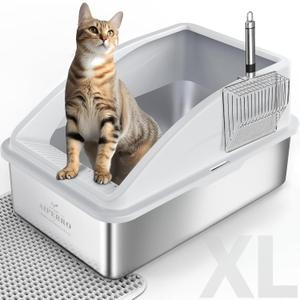 Stainless Steel Litter Box with Lid, High Sided Enclosed Metal Litter Box for Big Cats, Easy Cleaning Anti-Urine Leakage, Non-Sticky Cat Box, Front Entry Top Exit KittyBox, Includes Mat & Scoop