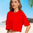 Women Cropped Tees Loose Fit Half Drop Shoulder Short Sleeve Tops Round Neck Basic Casual Shirts for Summer 2025 (Medium, New Red)