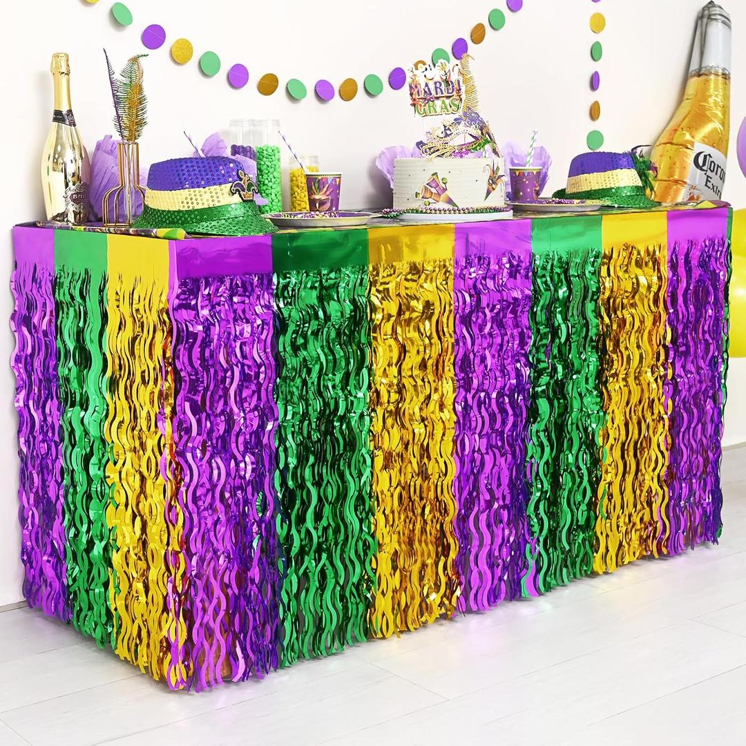 2 x CCINEE 4 Packs Mardi Gras Fringe Table Skirt Party Decorations, 36ft Purple Green Gold Wavy Metallic Tinsel Foil Carnival Table Skirts For Mardi Gras Carnival Holiday Masquerade Party