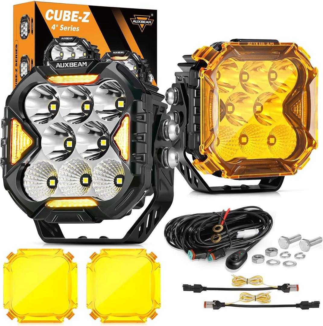 Auxbeam Cube-Z Series 4" Led Pods Lights with Amber Covers, 112W 12800LM Flood Spot Combo Offroad Driving Lights with DRL Turn Signal, Cube Ditch Light with DT Wiring Harness for Jeep ATV UTV, Pair