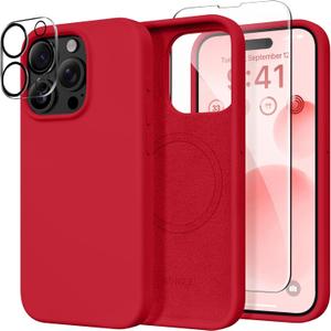 GONEZ for iPhone 15 Pro Max Case Silicone, Compatible with Magsafe, Camera Protector + Screen Protector, Soft Anti-Scratch Microfiber Lining, Liquid Silicone Shockproof Phone Cover, Red