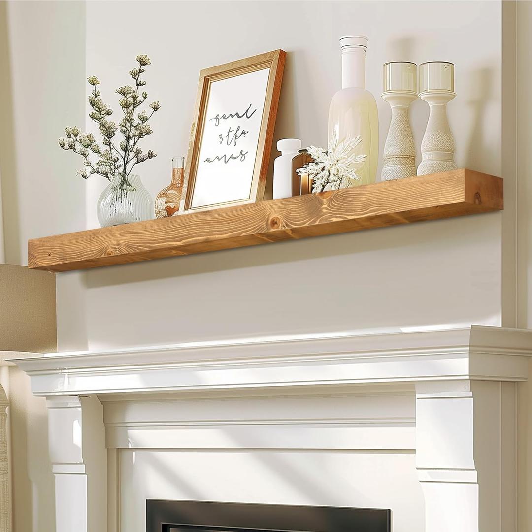 48x7x3 Fireplace Mantel - Solid Rustic Wood - Wall Mounted Floating Shelf with Invisible Heavy Duty Steel Bracket (Natural Wood) (48x3x7-solid)