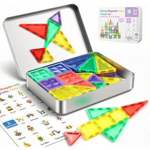50pcs Small & Strong Magnetic Tiles Travel Set, Magnet Building Blocks with Metal Case, Montessori STEM Toy for Kids Ages 3+, Portable Magnetic Tiles for Airplane Travel, Road Trips, Creative Play