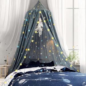 Hommi Lovvi Space Rockets Print Kids Bed Canopy, Girls Princess Canopy Dreamy Room Decor, Soft Hanging Reading Nook Play Tent Canopy, Extra Large Full Size Bed Canopy with String Light (Romance Blue)