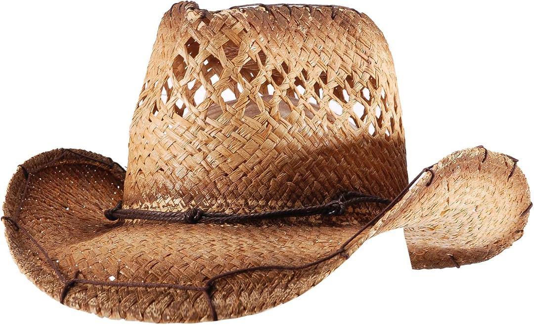 Straw Cowboy Cowgirl Hats for Women Men Summer Beach Sun Hat Panama Wide Brim Western (Medium, Tea Stain - Handmade Lines)