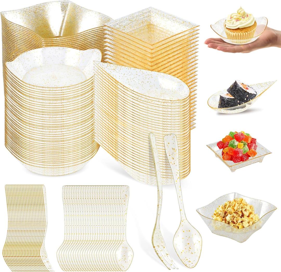 200 Count Gold Mini Appetizer Plates Set with 50 Tear Drop Spoons and Forks, 50 Plastic Square Plates with Spoons, Leaf Shape Dessert Bowls with Forks, Dessert Tray for Party