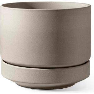 LE TAUCI Large 14 Inch Plant Pot with Saucer | Ceramic Outdoor & Indoor Big Planter Pot | Drainage Hole, Mesh Pad | Unglazed Porous | Modern Minimalist for Home and Patio Neutral Gray