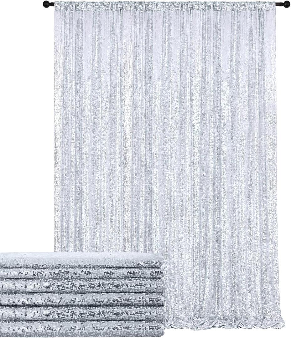 leegleri Silver Sequin Backdrop Curtain, 6 Panels 2FTx10FT Wrinkle Free Photo Backdrop Drapes for Wedding Birthday Party Stage Background Drapes (2ftx10ft(6 Panel))