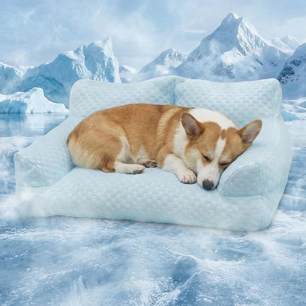 Cooling Dog Bed Cat Bed for Small Medium Large Dogs & Cats, Washable Pet Sofa Bed with 5D Breathable Fabric, Orthopedic Calming Bolster Bed, High-Resilience PP Cotton, Blue, 27.6"x19.7"x9.8"
