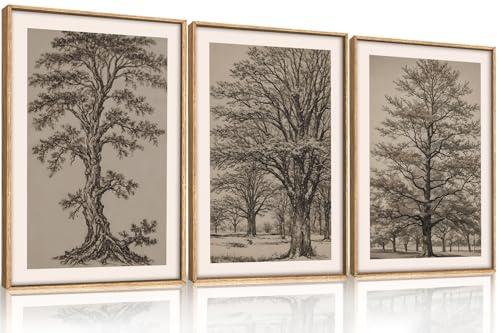 HOURIA Vintage Tree Sketch Framed Canvas Wall Art Set,Natural Brown and Gray Woodland Wall Decor,Mid Century Nature Forest Artwork,Textured Botanical Art Print for Living Room,Bedroom,Office-16"x24"x3