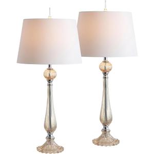 JONATHAN Y 32.5" Champagne Glass Table Lamp Set of 2 for Living Room Bedroom, Traditional French Country Bedside Lamps with White Faux Silk Shade, LED Bulbs Included JYL2067A-SET2