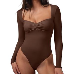 CHYRII Womens Sexy Square V Neck Bodysuit Tops Fall Fashion Long Sleeve Going Out Tops (XL, Coffee)