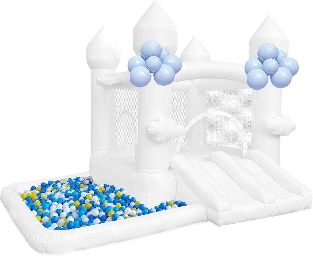 White Bounce House, Bounce House for Kids 3-6 with Double Slides, Bouncy House with Ball Pit Blower Included, Bouncy Castle IndoorOutdoor, 10.5ft L x 9.3ft W x 7.3ft H, Nice Choice for Party