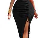 Black Wedding Guest Dresses for Women Long High Slit One Shoulder Semi Formal Drawstring Cutout Beach Party Dress S87 Black, L