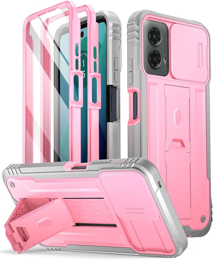 Poetic Revolution Case for Motorola Moto G 5G 2024, [Slide Camera Cover], Full-Body Military Grade Rugged Shockproof Cover with Kickstand and Built-in-Screen Protector, Pink