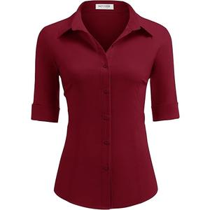 Women's Basic Button Down Shirts Sleeve Stretch Button Up Dress Shirt Slim Fit Waitress Work Shirts, M, Wine Red