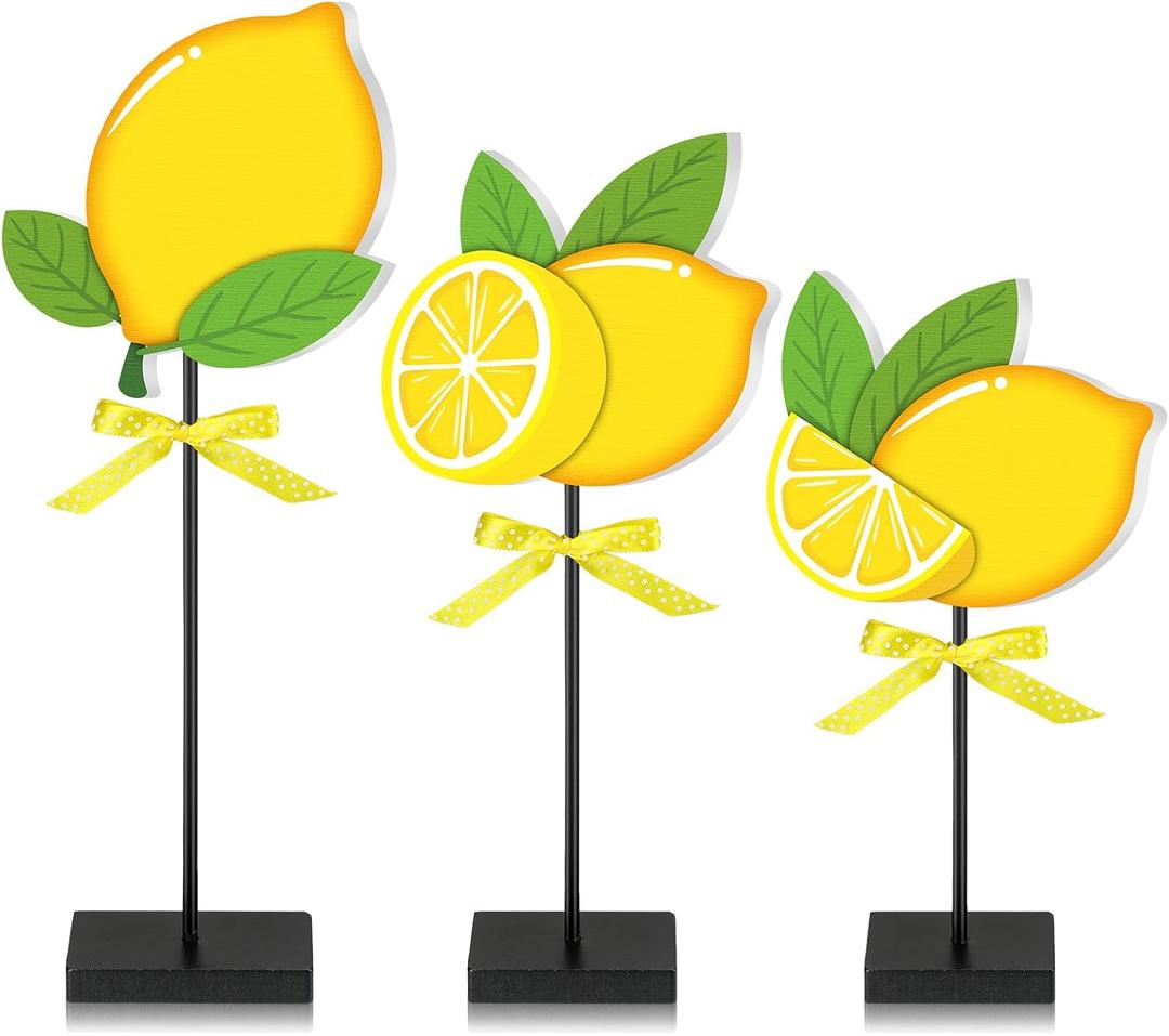 3 Pcs Summer Standing Wooden Lemon Tabletop Home Decor Lemon Wood Table Sign Rustic Wooden Tabletop Centerpiece Fresh Lemonade Tall Standing Block Decorations for Farmhouse Rustic Kitchen