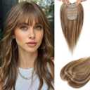 Flufymooz Real Human Hair Toppers for women, 10 Inch Clip in Bangs 100 Human Hair Toppers for Thinning Hair, Cover Hair Topper Hair Pieces with 150% Density Silk Base-Medium Brown with Blonde