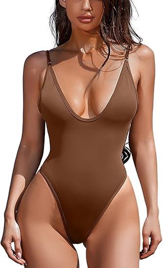 ESONLAR Women's Sexy Plunging V Neck Bathing Suit Open Back One Piece Swimsuits, Medium