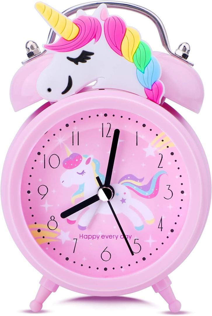 TCJJ Unicorn Alarm Clock for Girls Kids, Cute Bedroom Decoration, Non Ticking Silent Second Hand, w/Backlight Super Loud Twin Bell, for Kids Unicorn Gifts (Pink)