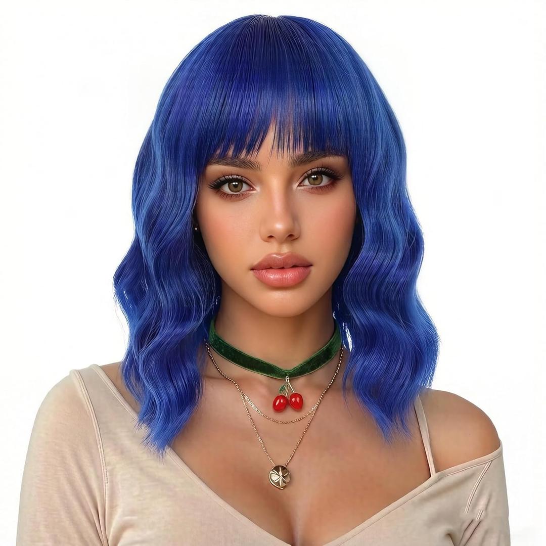 eNilecor Dark Blue Wig Short Colored Curly Wavy Synthetic Bob Wigs with Air Bangs 14" Natural Wigs for Party Cosplay Fun Colorful Wigs for Women