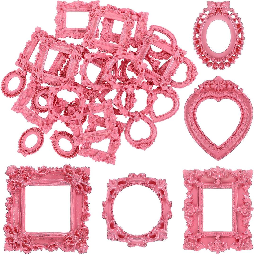 Vicenpal 25 Pcs Vintage Mini Picture Frames Baroque Antique Small Resin Jewelry Display Table Frame for Christmas DIY Photo Holiday Party Decoration (Pink)