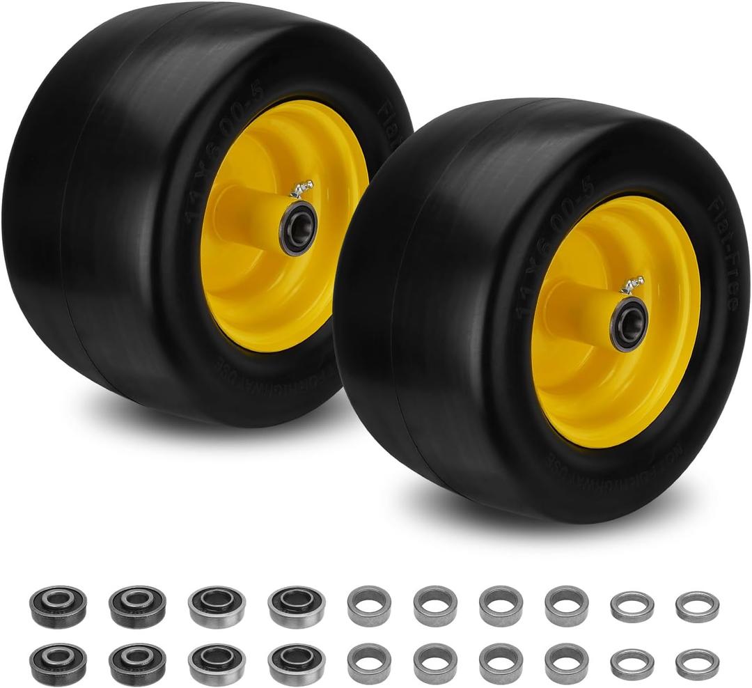 2PCS 11x6.00-5 Flat Free Tire and Wheel with 1/2" & 3/4" & 5/8" Precision Bearings and 5.8"-10.4" Centered Hub, Front Zero-Turn Smooth Tire Assembly Replacement for Riding Lawn Mowers Garden Tractor