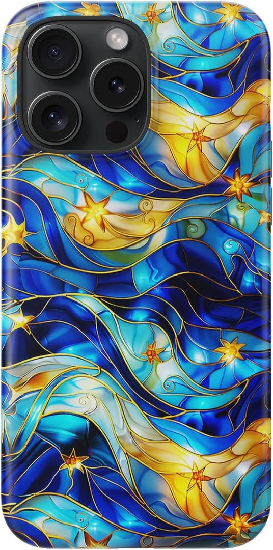 for iPhone 16 Pro Case - Wireless Charging Compatible - Dual-Layer Hard Shell + Silicone Cover - Shockproof Protective Phone Case with Stylish Designs for Women - Abstract Bule Gold Water