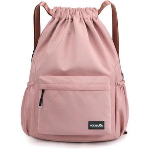 HOLYLUCK Drawstring Backpack Sports Gym Bag Water Resistant String Bag Cinch Sackpack with Side Zipper Pocket for Shopping Sport Yoga -pink