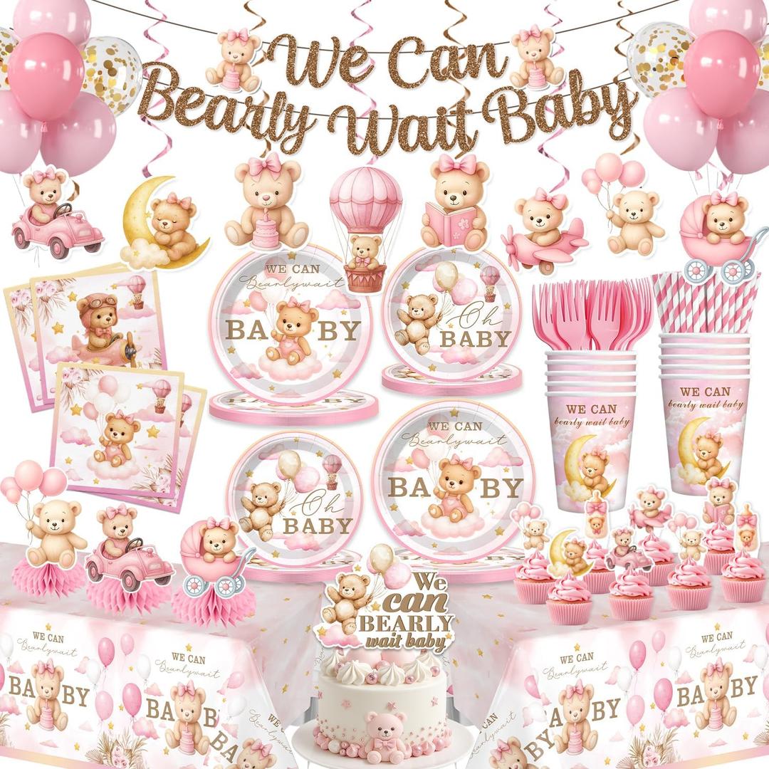 171 PCS Bearly Wait Baby Shower Decorations, Pink Bear Baby Shower Party Supplies with Balloon, Banner, Cake Topper, Plates and Napkins, for Baby Girl Shower, Serves 20