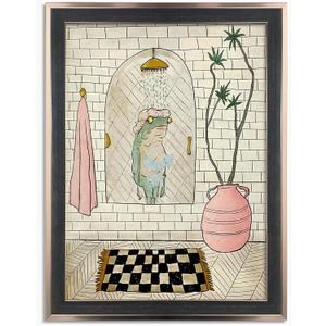 Framed Funny Frog Bathroom Wall Art Frog Taking Shower Canvas Print Cute Humorous Animal Wall Decor for Bathroom Guest Toilet Ready to Hang 12inx16in