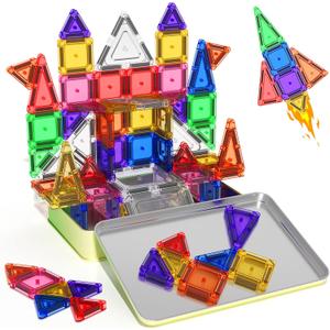 65PCS Mini Travel Magnetic Tiles with Case Set Toddler Essentials Toys, Magnetic Building Blocks Kids Games Sensory Montessori Education Learning Toys for 3+ Year Old Boys Girls Birthday Gifts
