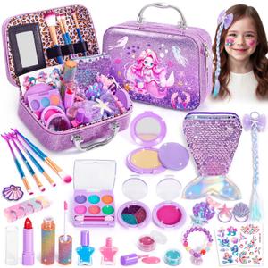 Hohosunlar Kids Makeup for Toddlers Toys, Washable Make Up Set Non-Toxic Mermaid Toys for Girls, Kids Hair, Nail Polish, Brushes, Purse Accessories, Princess Christmas Birthday Gift Toys for Girls 3+, Child-size
