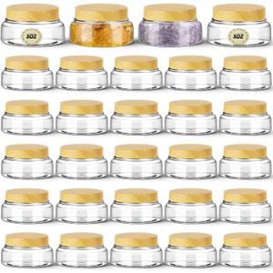 Tessco for you 24 Pack Plastic Jars with Lids Labels Multiuse Slime Containers Empty Body Scrub Jars Round Refillable Cosmetic Body Butter Container for Makeup (5 oz,Clear,Light Beech)