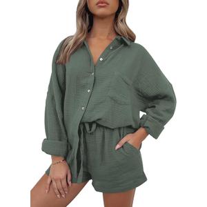 AUTOMET 2 Piece Sets For Women Lounge Wear Matching Two Piece Pajama Fashion Oversized Shirts And Shorts Spring Outfit 2026 (Green, S)